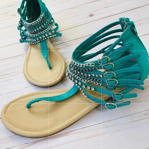 Breckelles Teal Green Chain Diamond Ankle Sandals